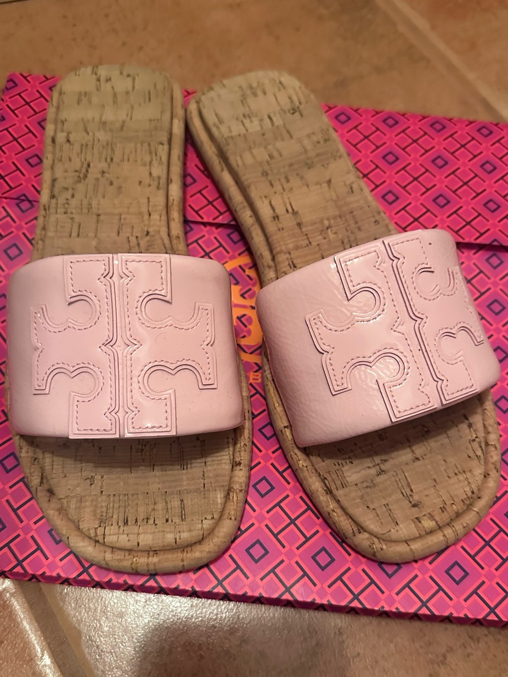 Tory Burch Pink Logo Slide Sandals